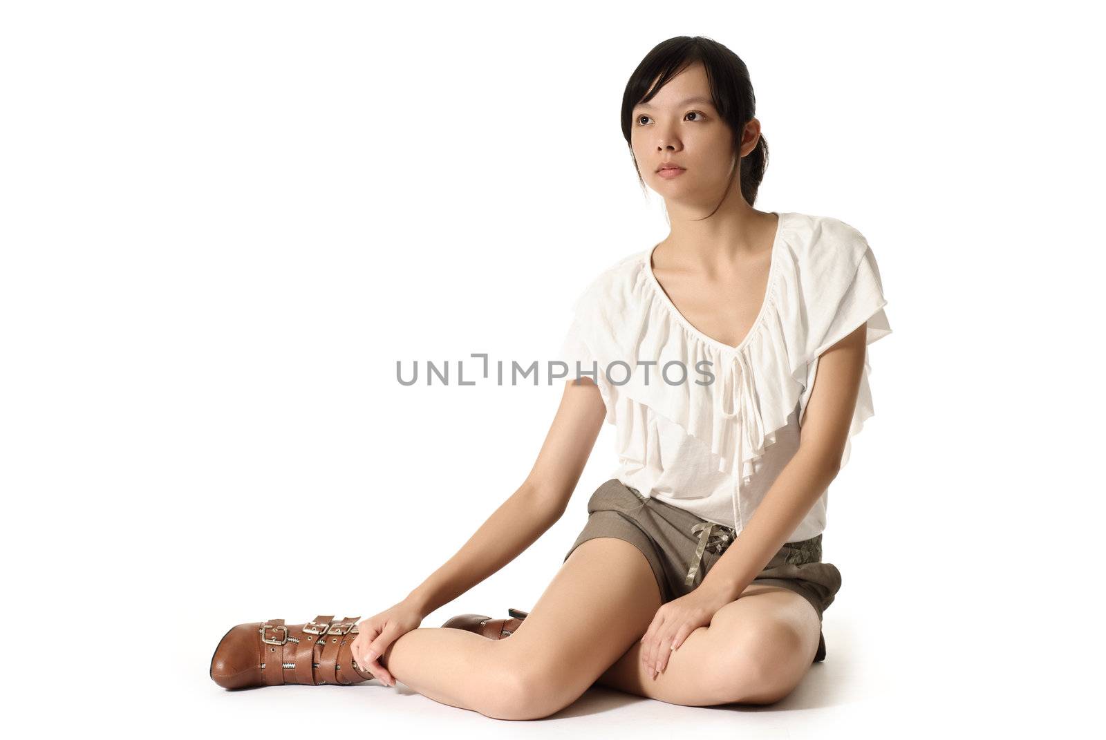 Solitude woman of Asian in style sit on ground, full length portrait isolated on white.