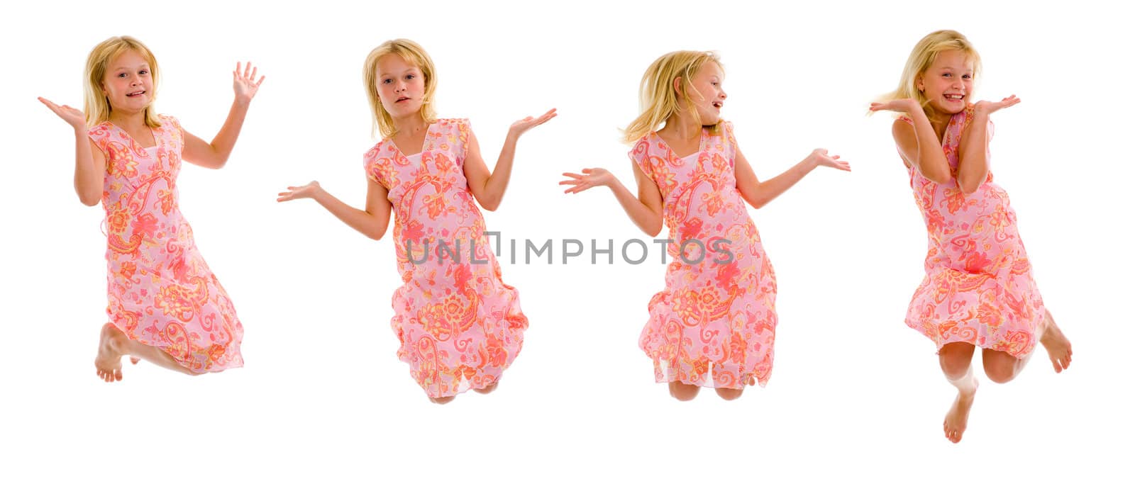 little girl jumping on a white background