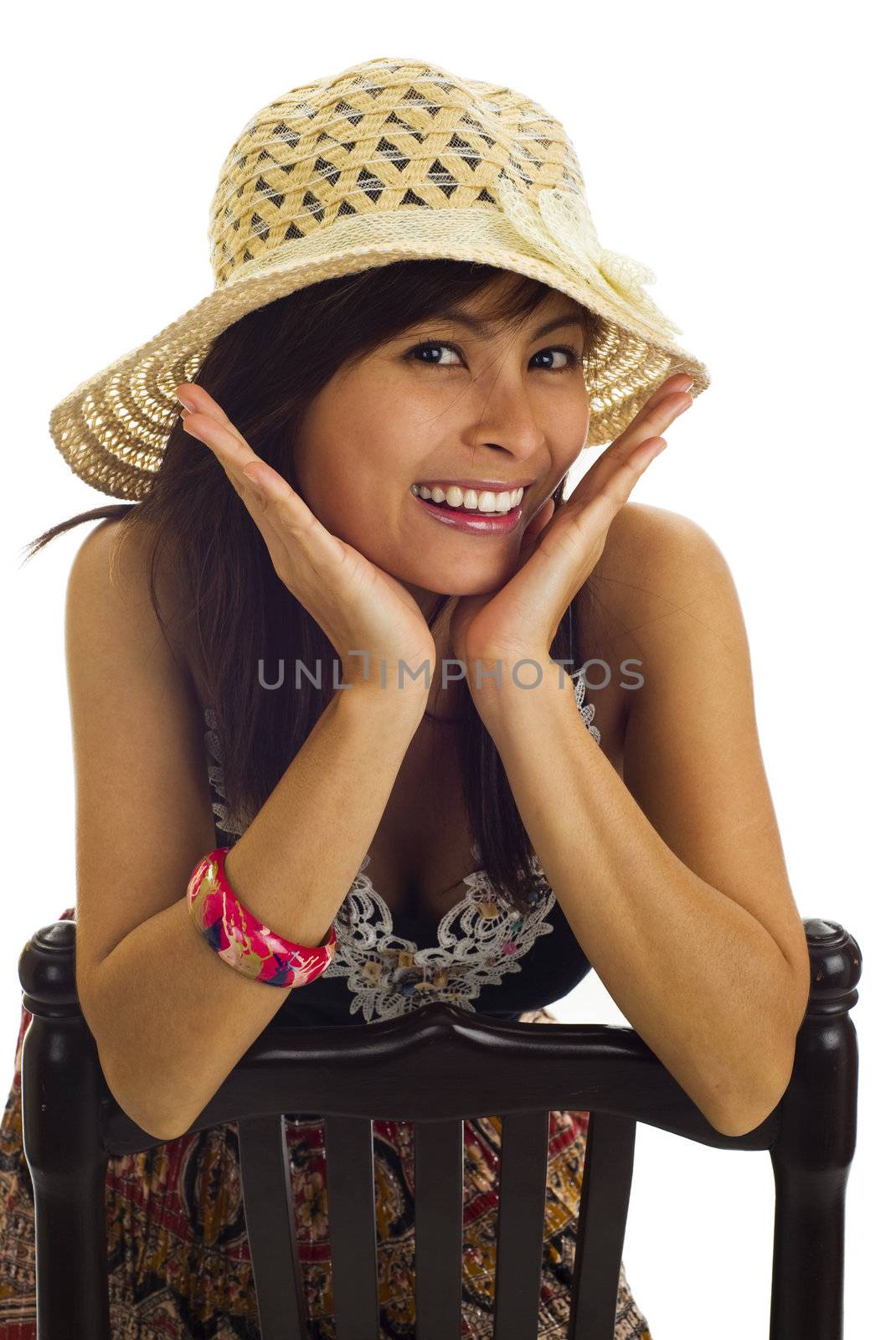 beautiful asian woman with straw hat, isolated on white