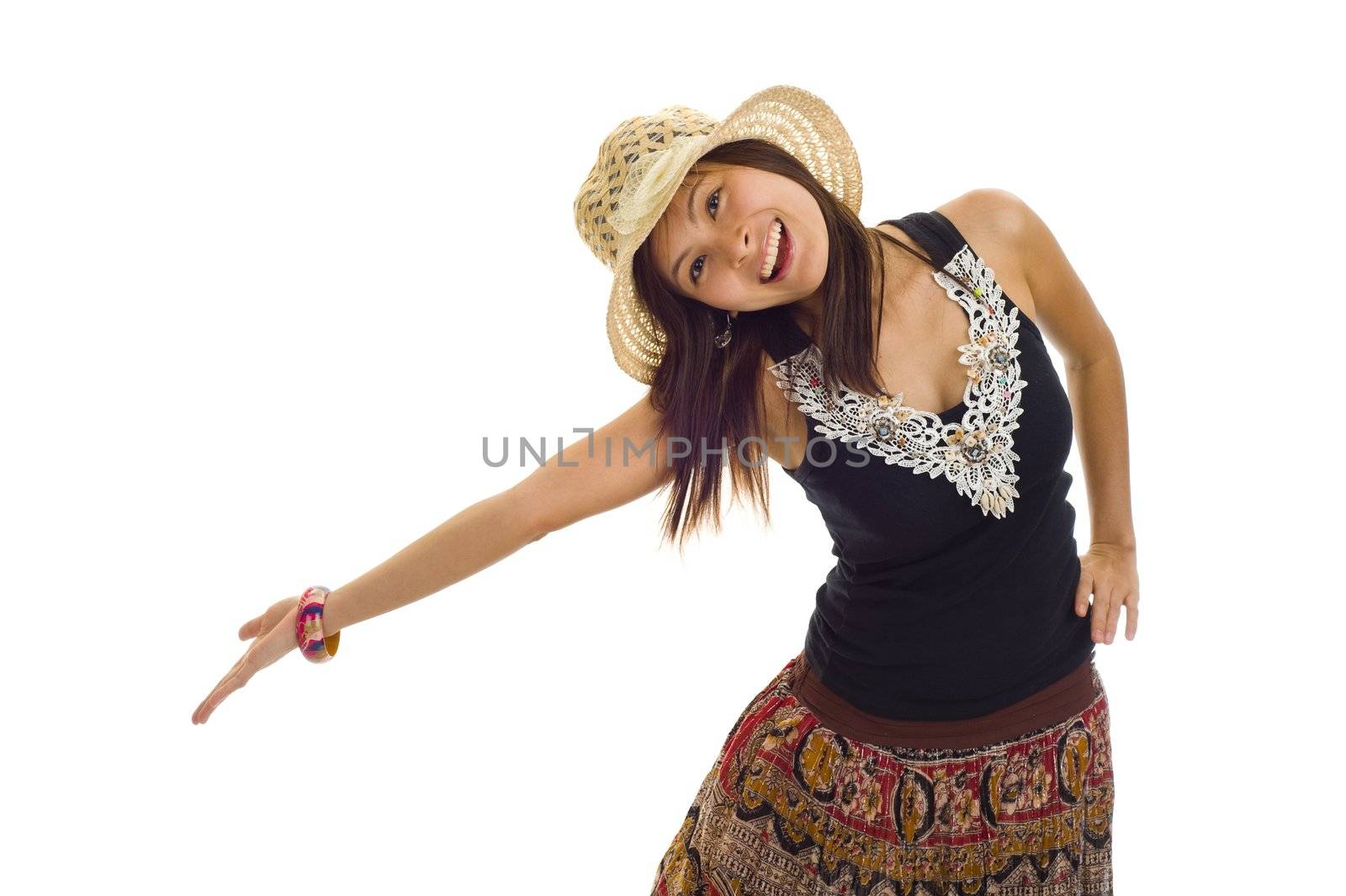 beautiful asian woman presenting a product with straw hat, isolated on white