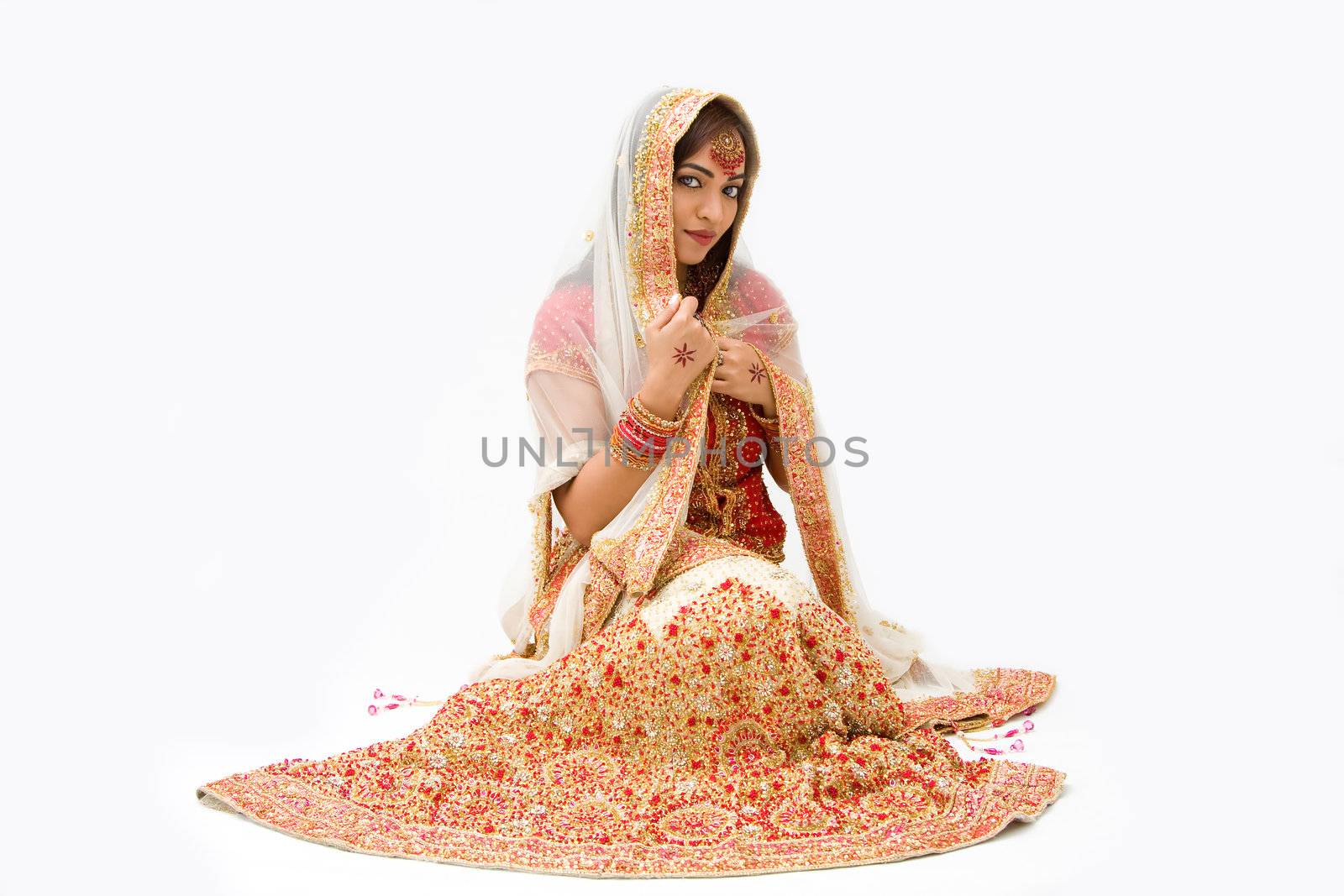 beautiful harem girl or belly dancer or Hindu bride sitting, isolated