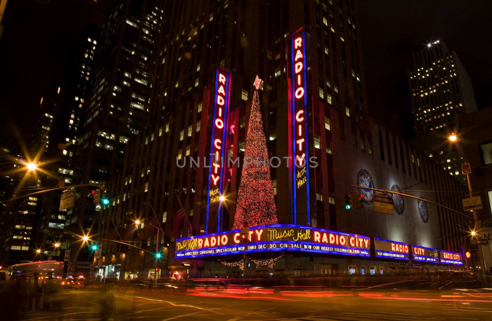 Radio City Music Hall and NBC studios at the Rockefeller Center in New York City by night