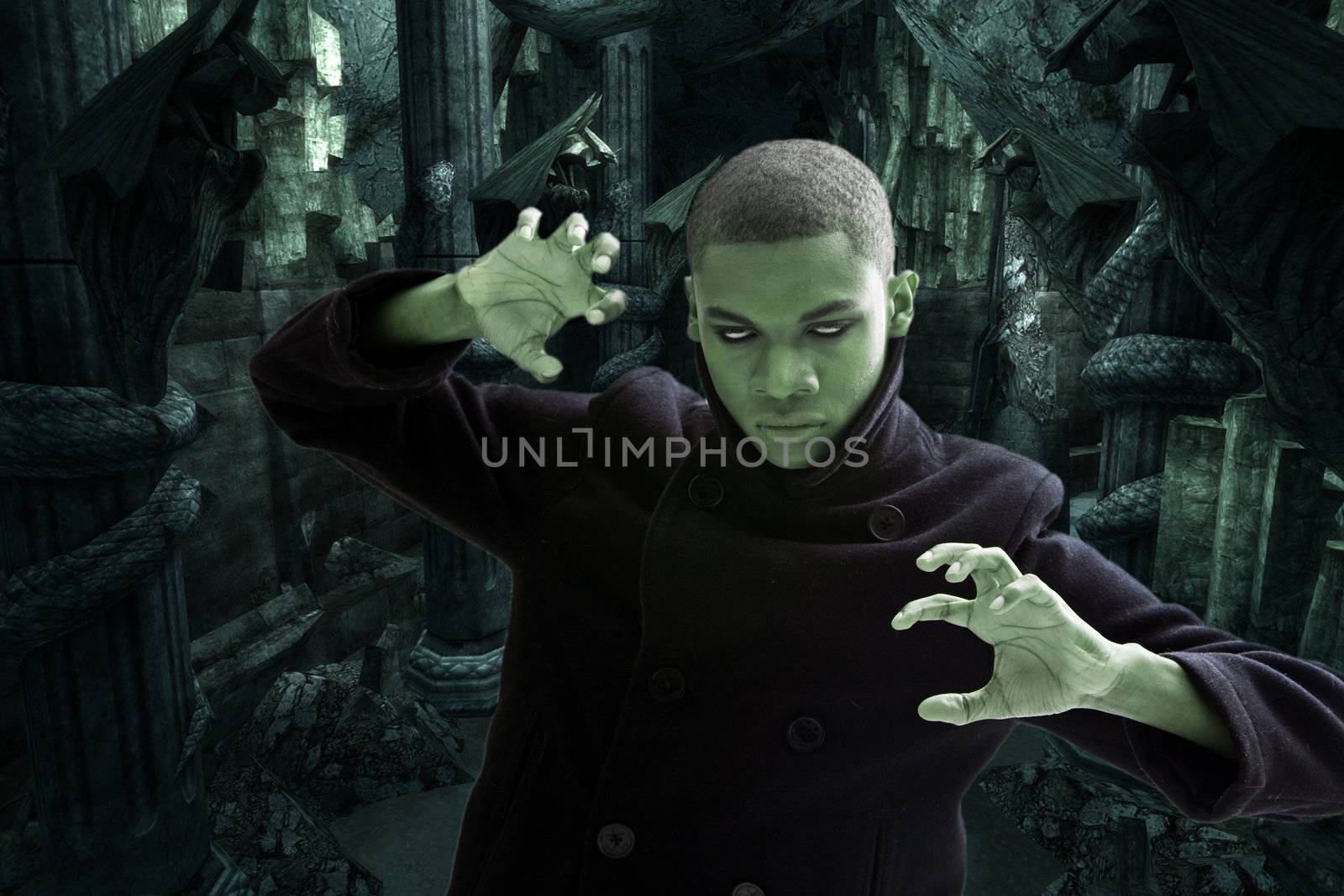 Green man with smokey white eyes, strong expression and black coat in dungeon hall way, isolated