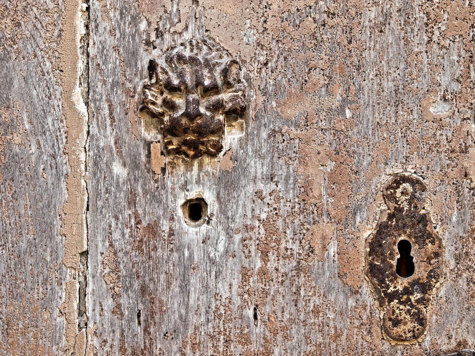 Detail image of an old wooden door with old keyhole
