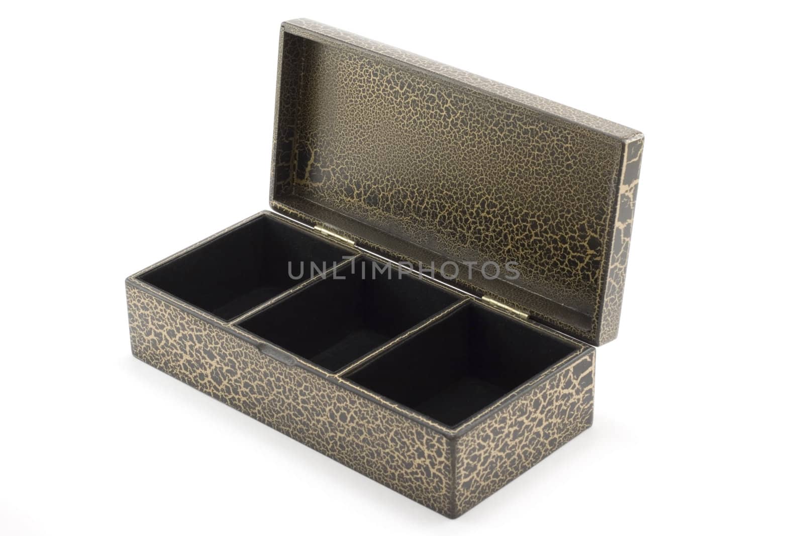 Wooden box, three branches insulated on white background