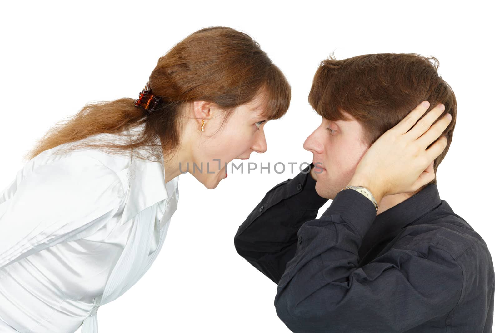 Man does not want to listen to the cries of women isolated on white