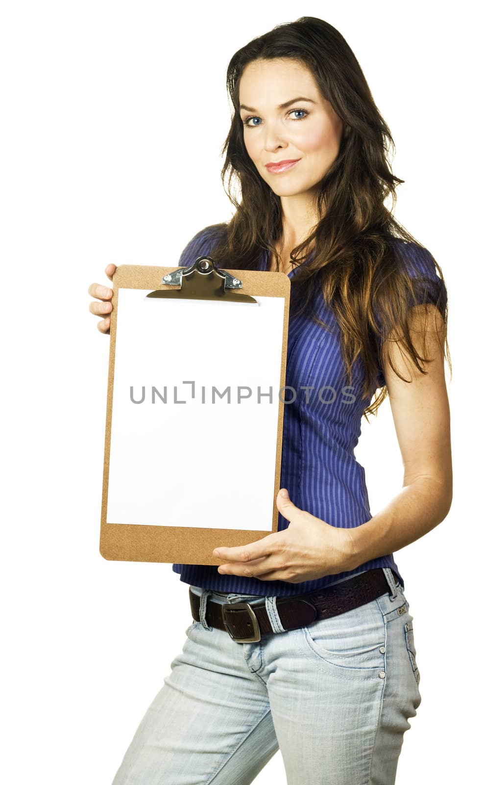 Beautiful young girl holding a clipboard with blank paper by Jaykayl