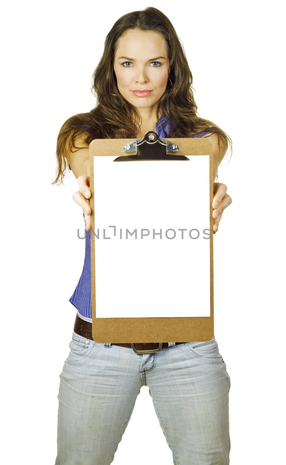 An attractive woman with attitude holding a clipboard with blank piece of paper and looking into  camera