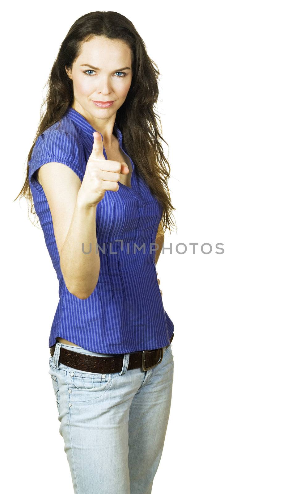 A beautiful young brunette looking serious and pointing a warning finger