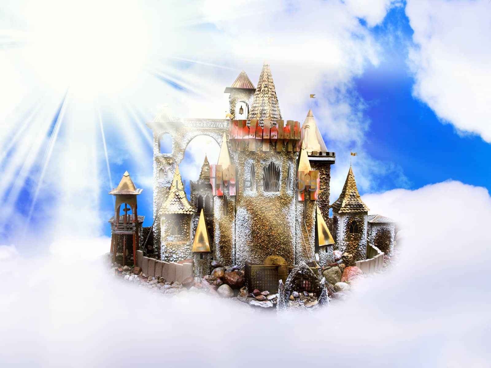 magic castle in the clouds over sun and blue sky