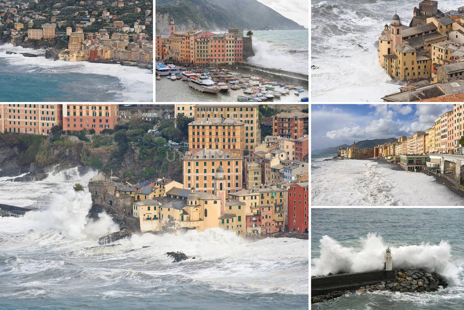 collage of Camogli images taken during a violent storm