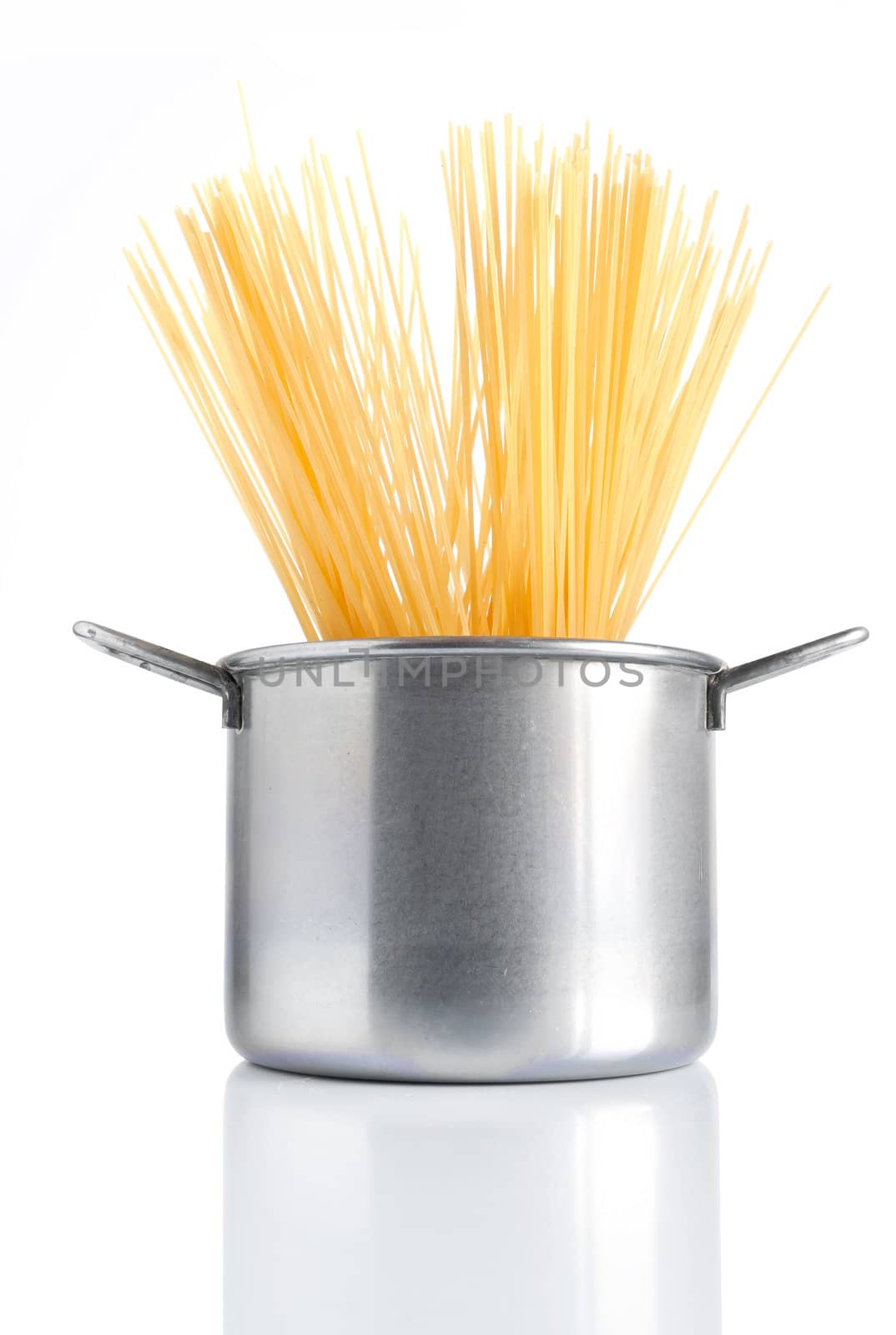 group of spaghetti inside a pot isolated on white background
