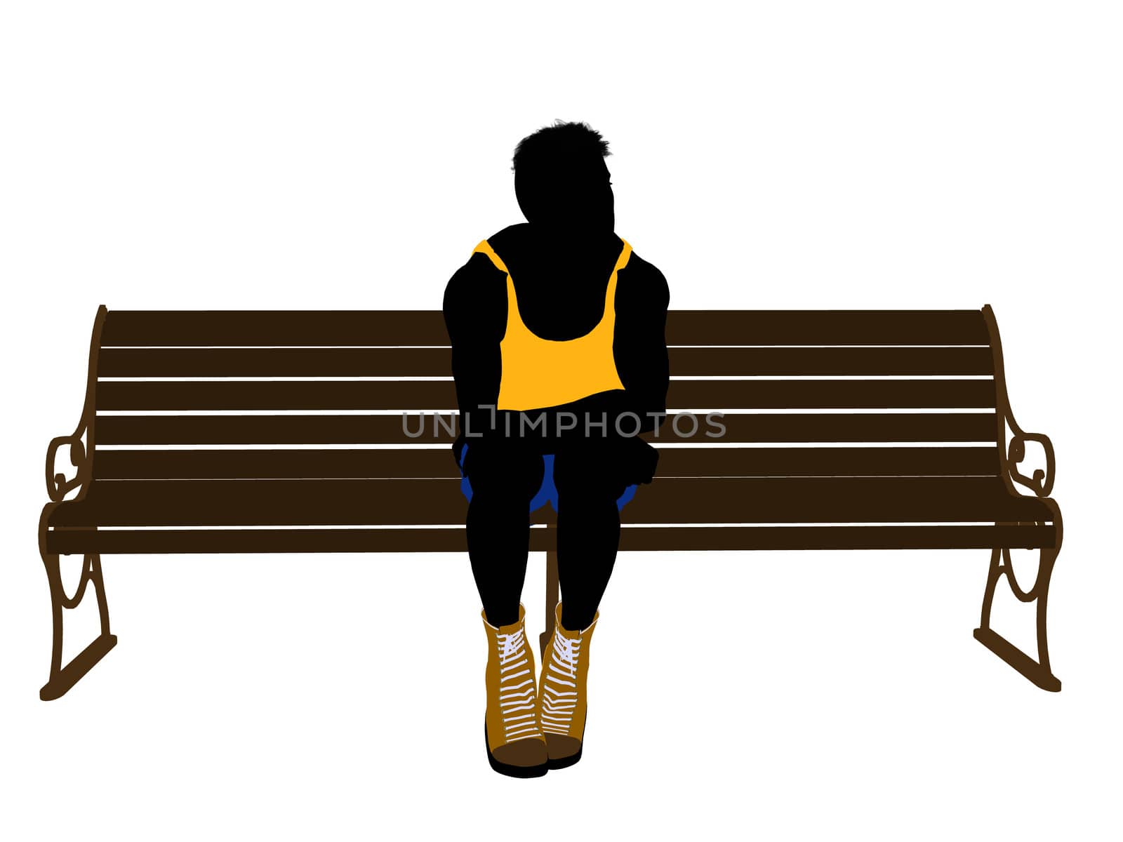 Male athlete sitting on a bench silhouette on a white background