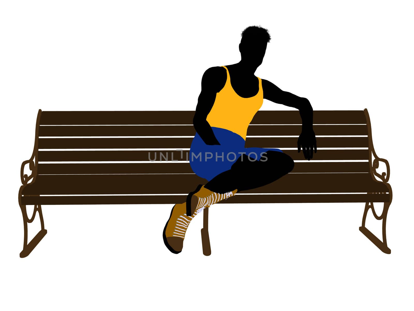 Male athlete sitting on a bench silhouette on a white background