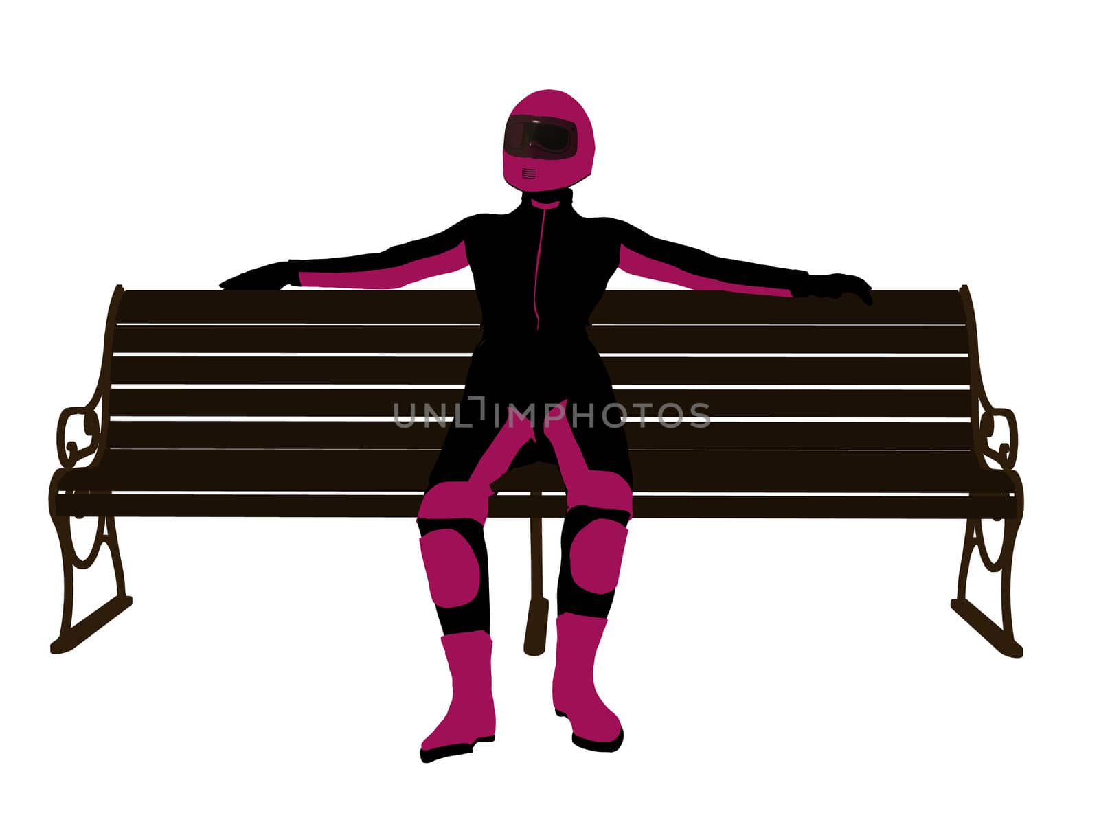 Female Motorcycle Rider sitting on a bench Silhouette by kathygold