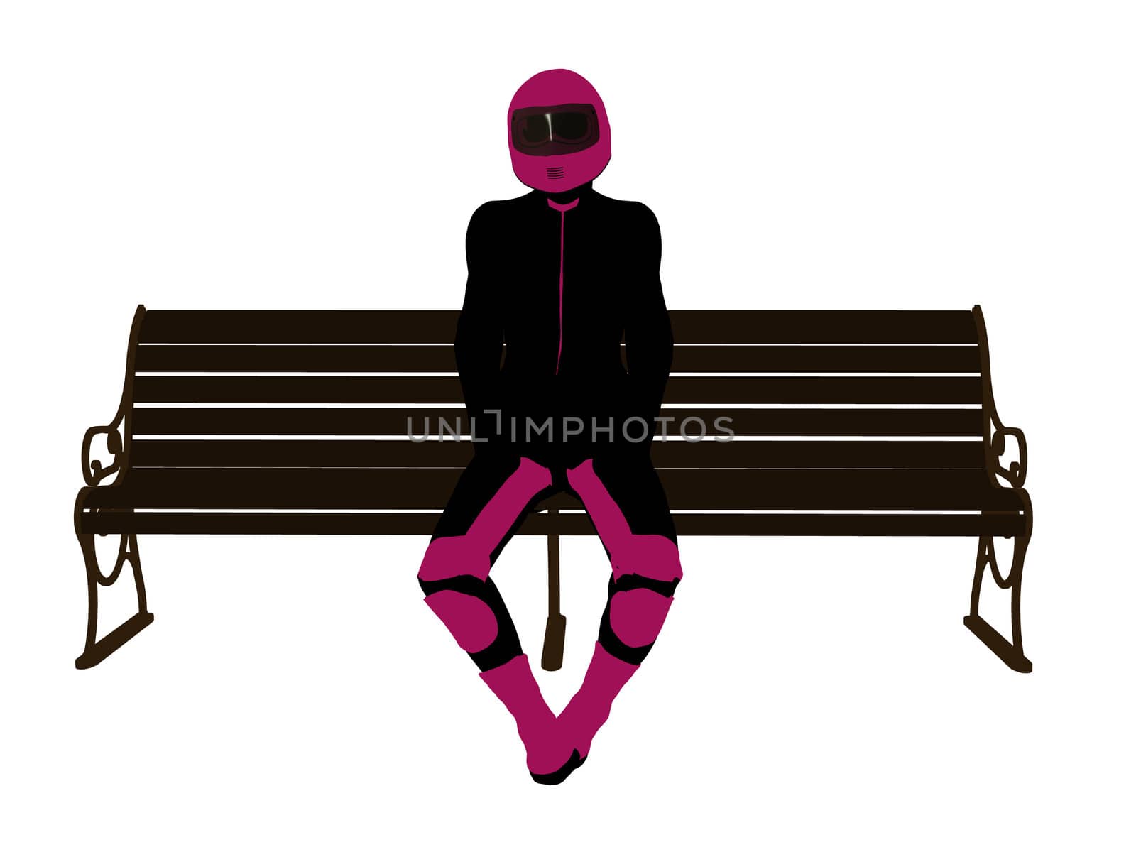 A female motorcycle rider sitting on a bench silhouette on a white background