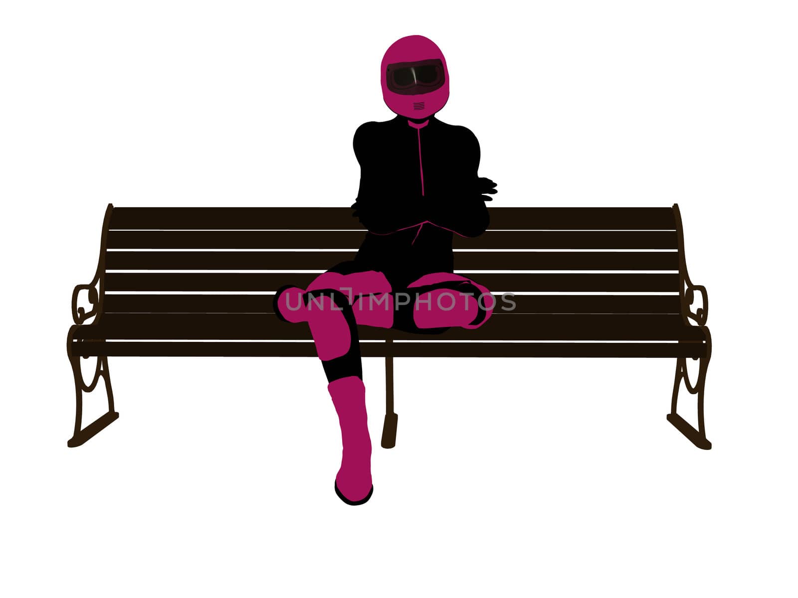 A female motorcycle rider sitting on a bench silhouette on a white background