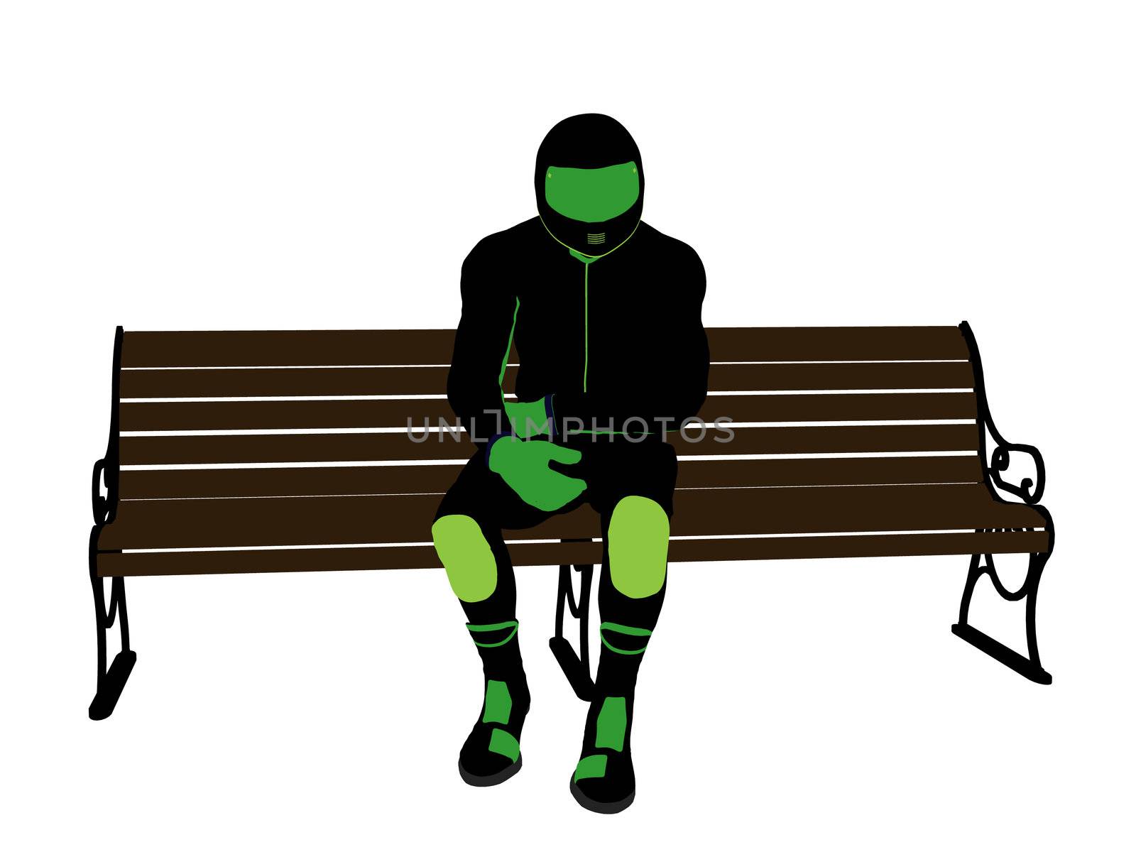 A male motorcycle rider sitting on a bench silhouette on a white background