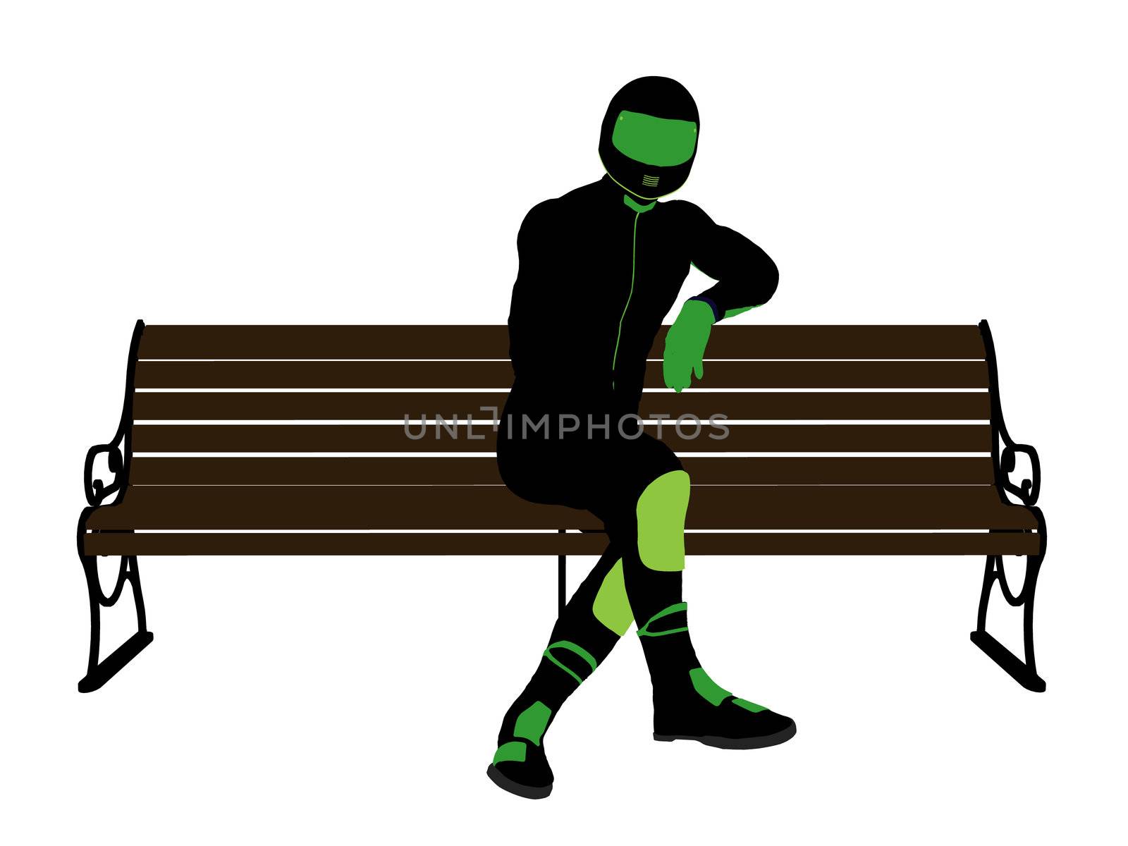 Male Motorcycle Rider sitting on a bench Silhouette by kathygold