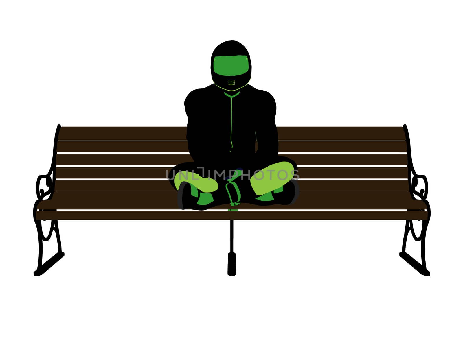 A male motorcycle rider sitting on a bench silhouette on a white background