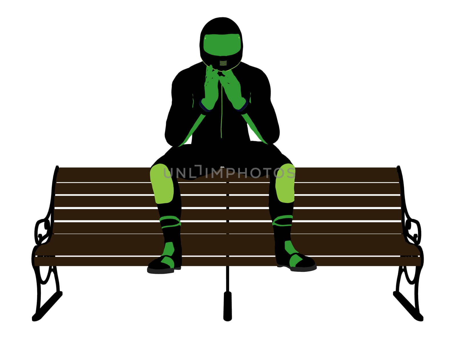 A male motorcycle rider sitting on a bench silhouette on a white background