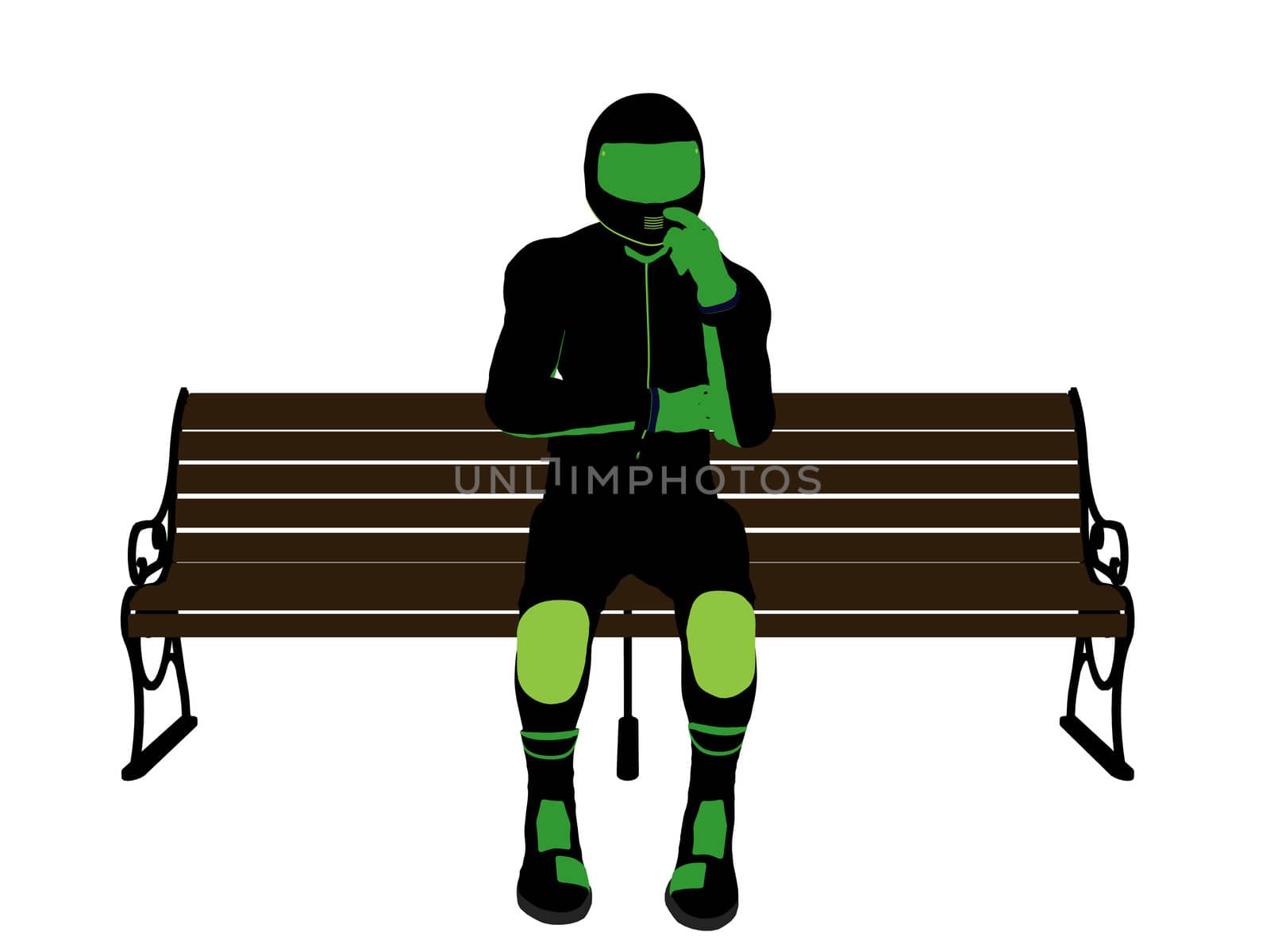 A male motorcycle rider sitting on a bench silhouette on a white background