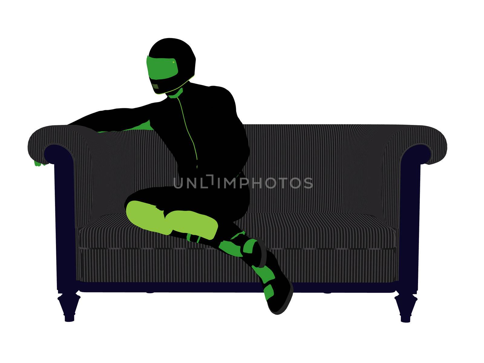 A male motorcycle rider sitting on a sofa silhouette on a white background