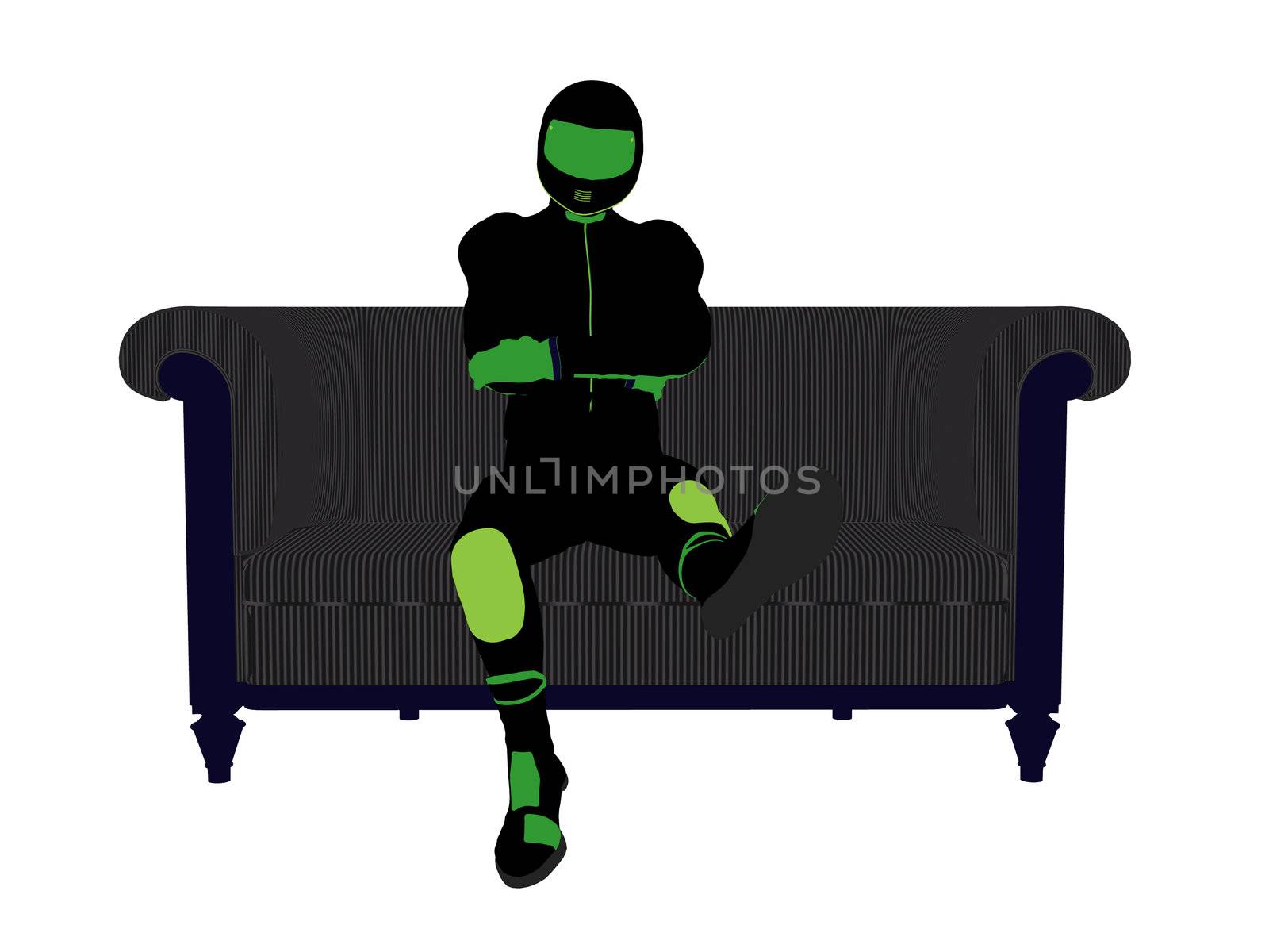 A male motorcycle rider sitting on a sofa silhouette on a white background