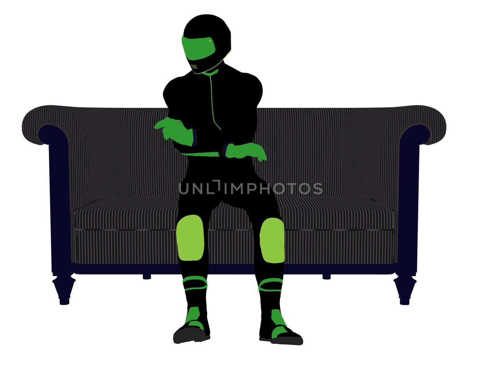 A male motorcycle rider sitting on a sofa silhouette on a white background