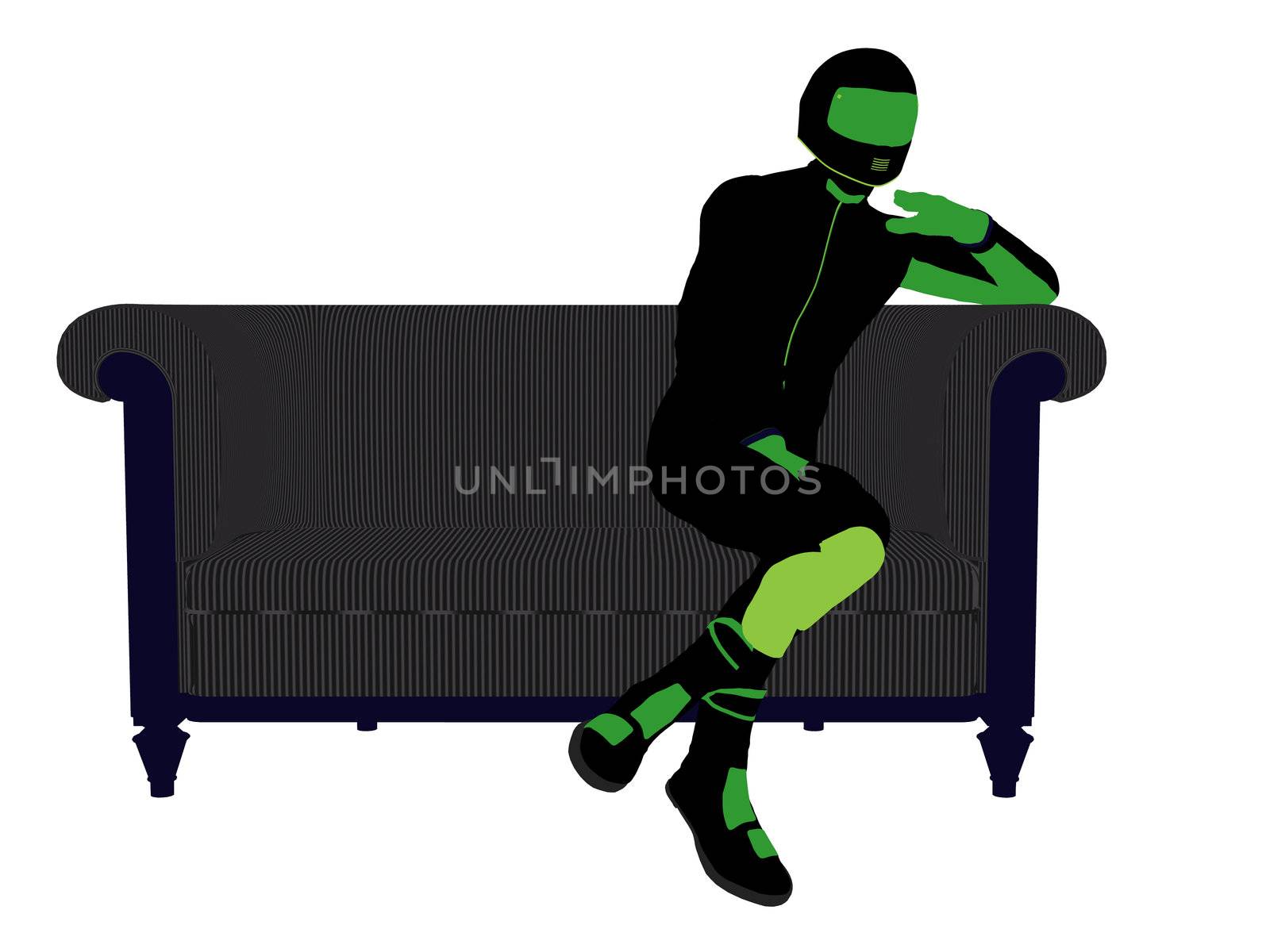 A male motorcycle rider sitting on a sofa silhouette on a white background