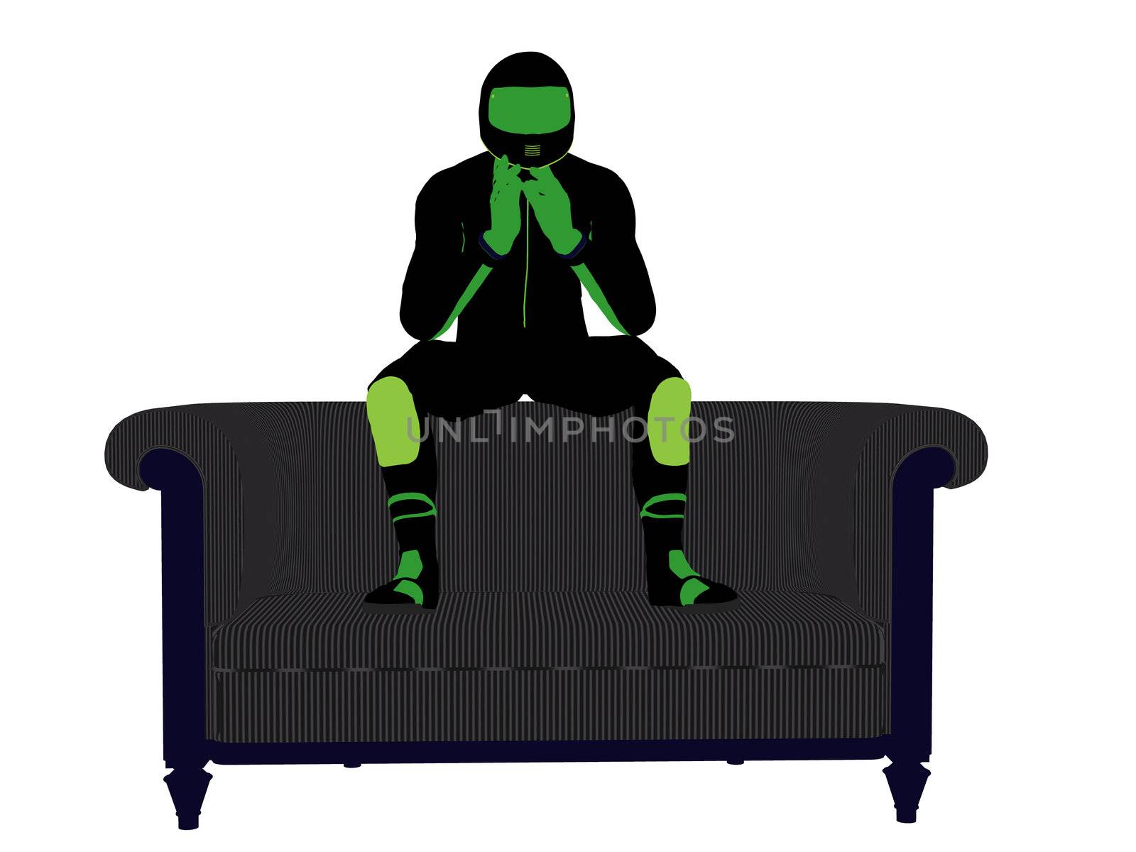 A male motorcycle rider sitting on a sofa silhouette on a white background