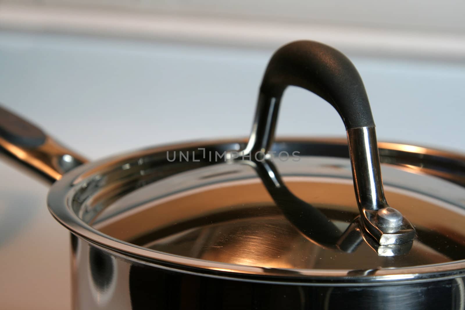 A closeup of a stainless steel pot lid.
