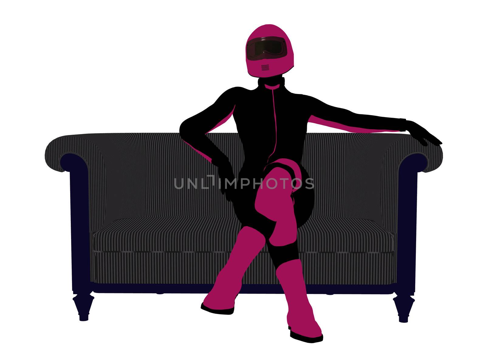 A female motorcycle rider sitting on a sofa silhouette on a white background