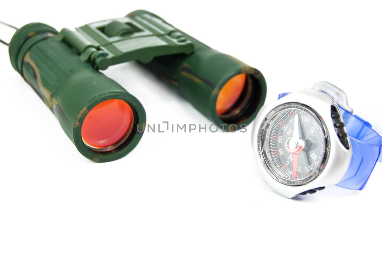 military binoculars and compass isolated on white