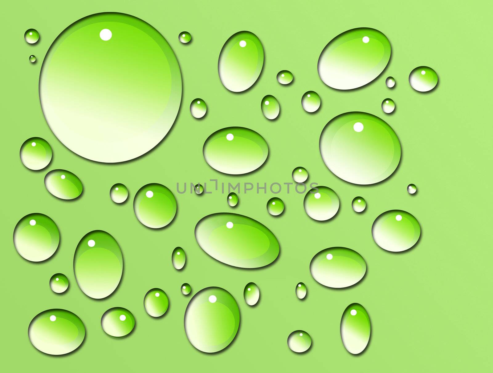 Water droplets on green background