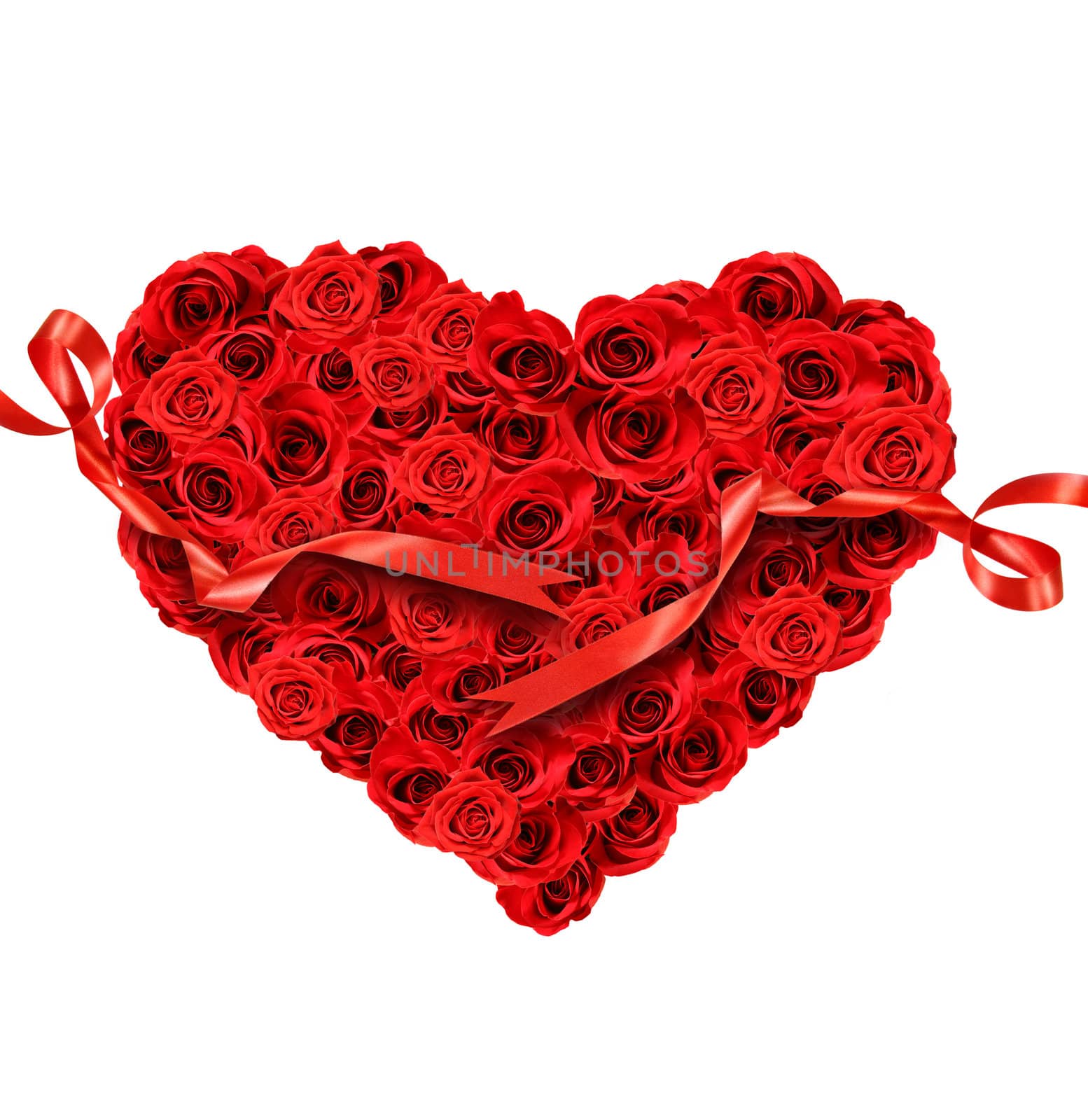 Red roses in the shape of heart on white background
