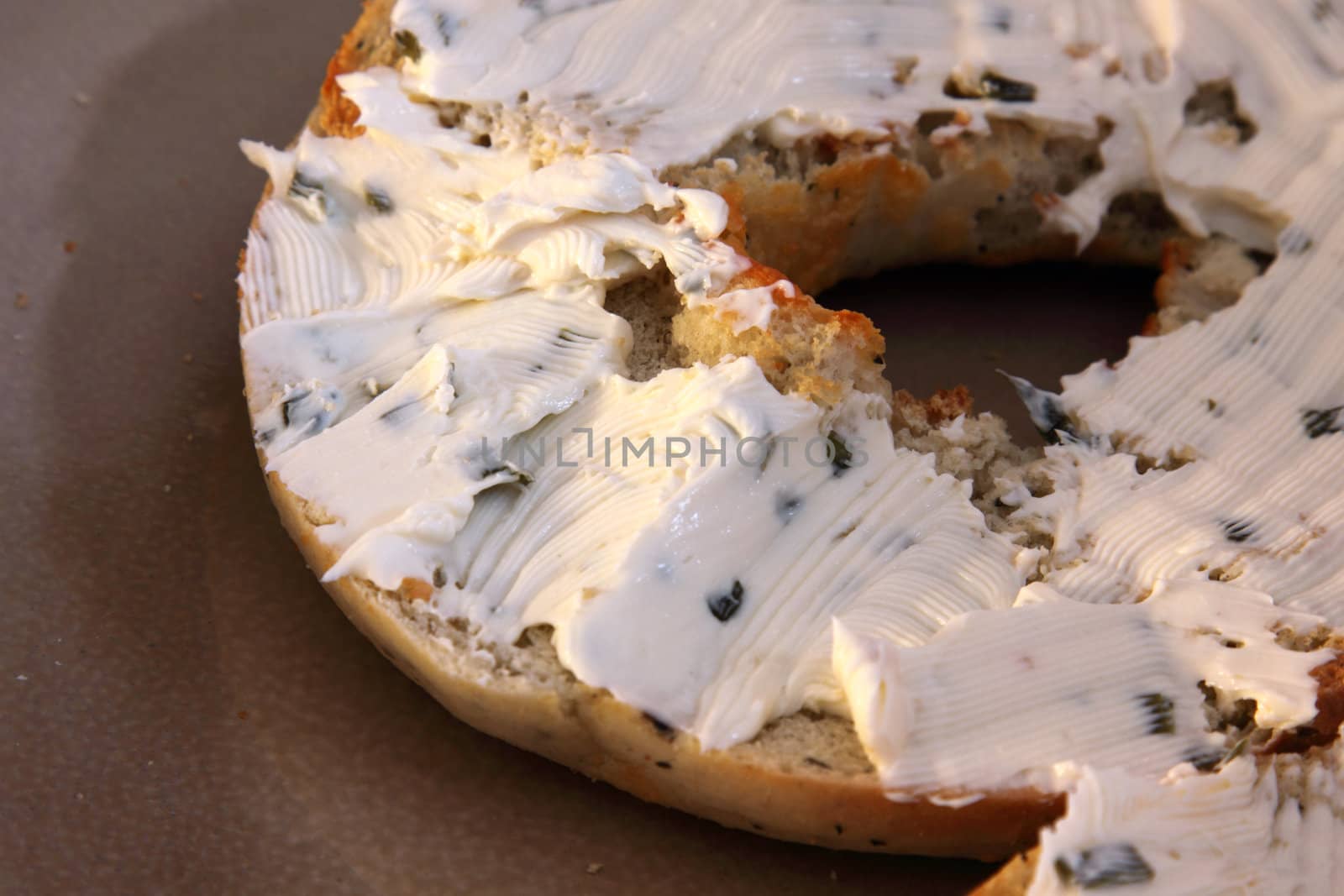 A toasted bagel with cream cheese with herbs.