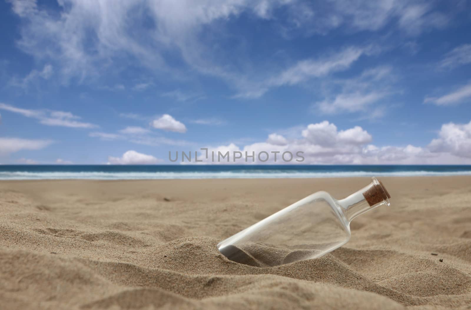 Message in a Bottle Washed Ashore a Beach With Cork. Message is Missing.