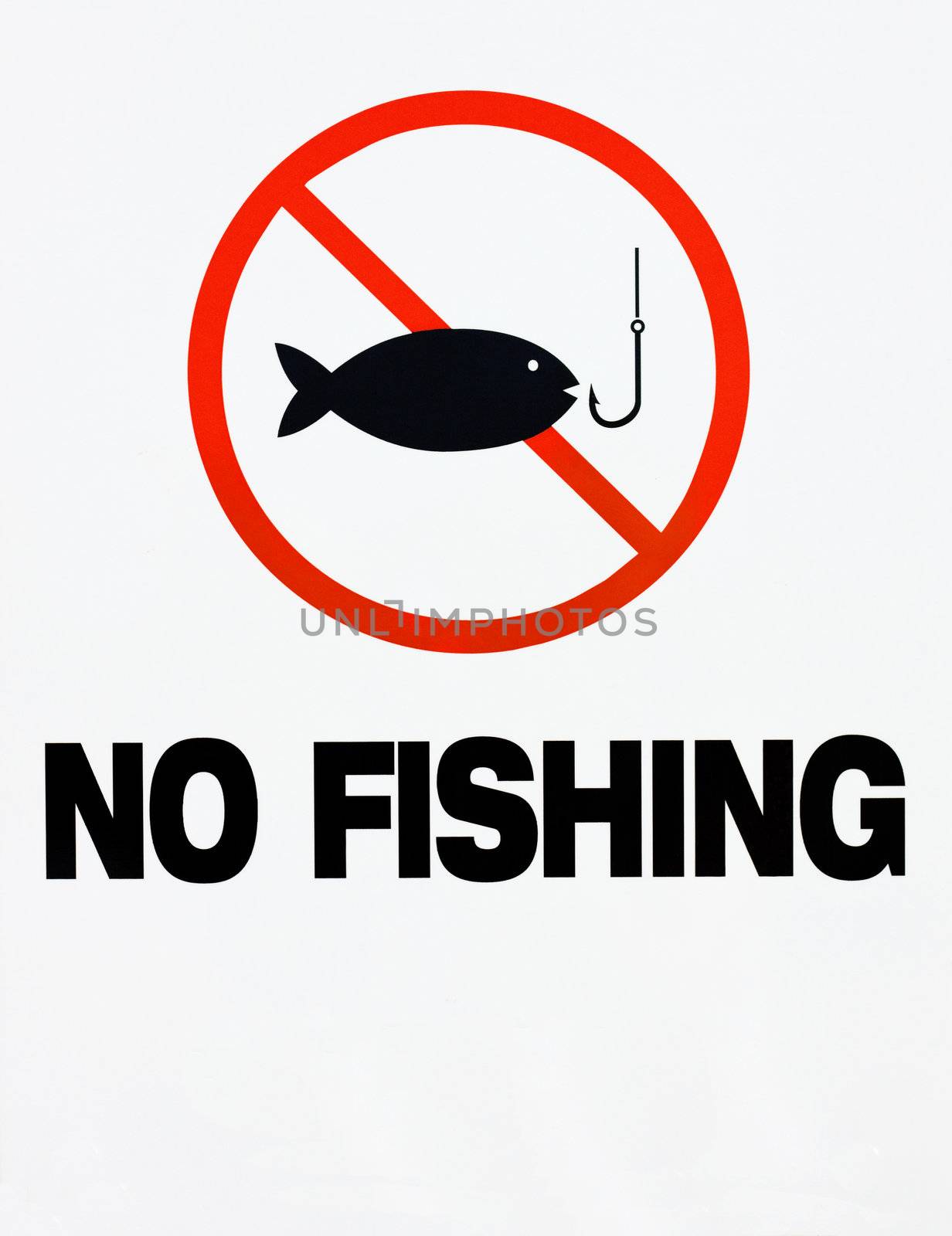 A red, black and white no fishing sign with fish and hook illustration