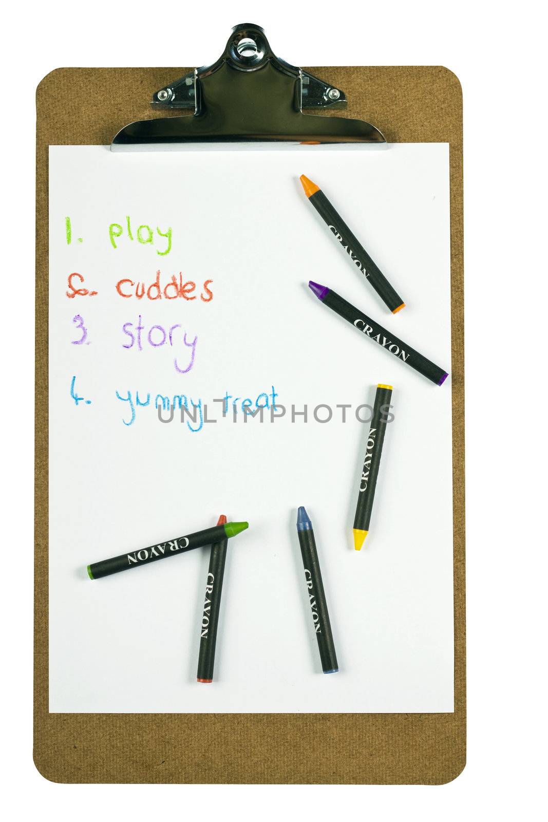 A clipboard holding paper with a childs to-do list written with colorful crayons