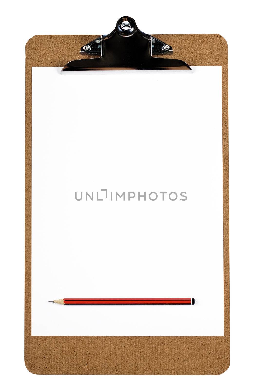 A wooden clipboard holding a blank piece of paper and a sharp pencil (with clipping path)