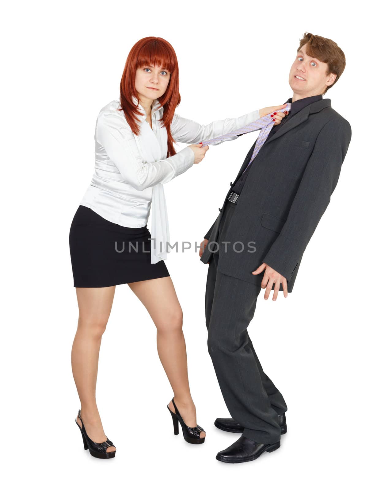 Frightened man in the hands of an angry woman