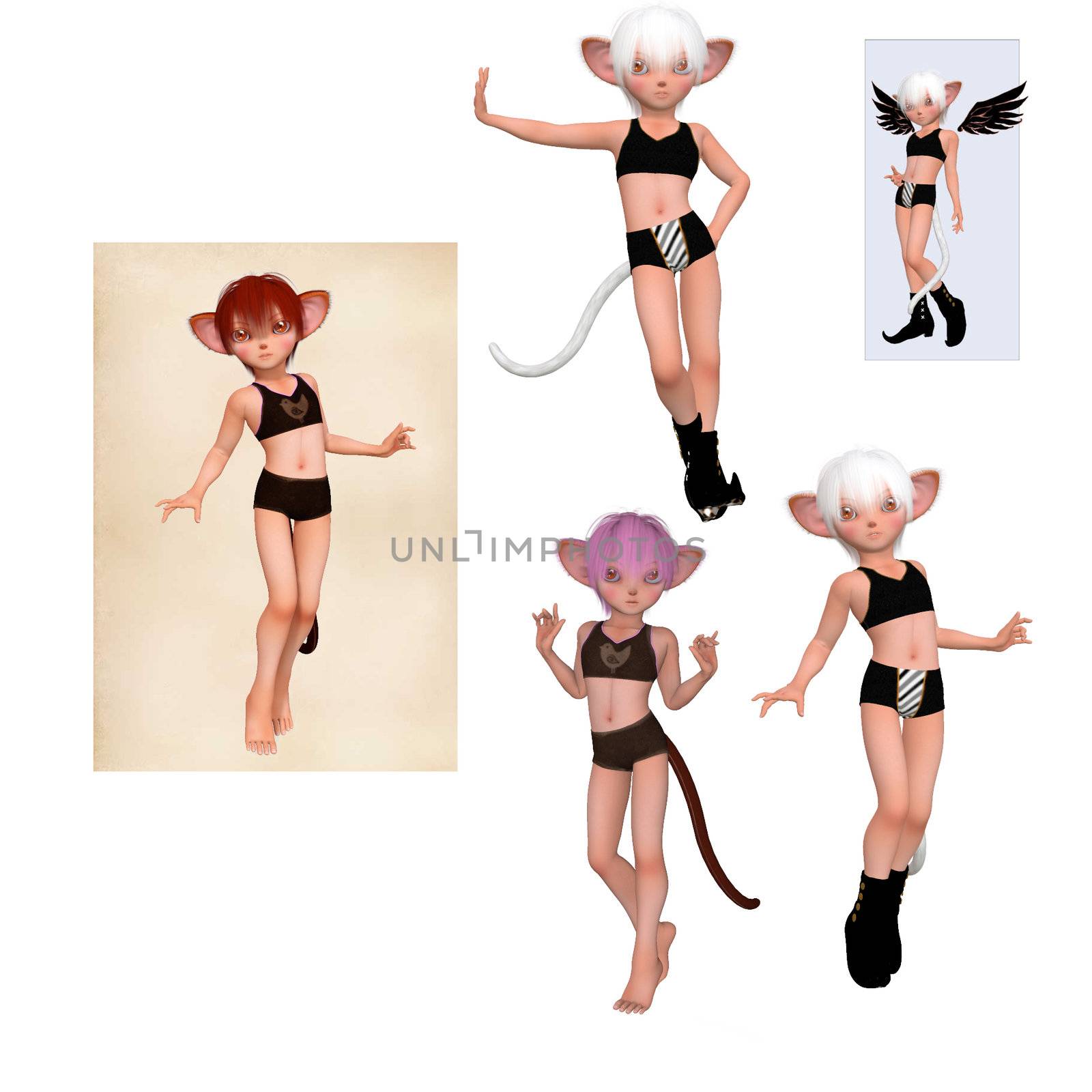 collection of 3d rendered manga style cute monkey girls