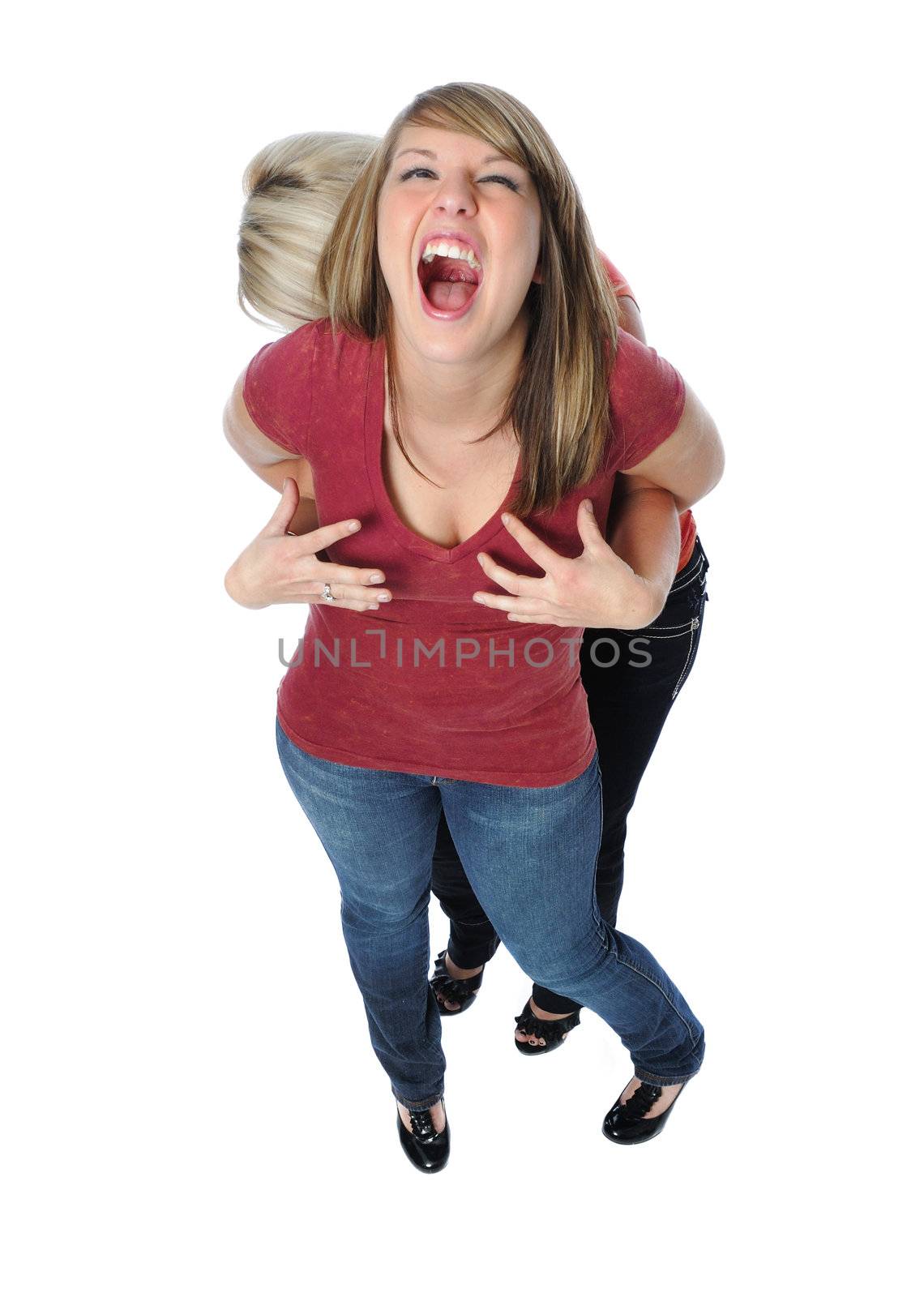 two friends posing together on a white background