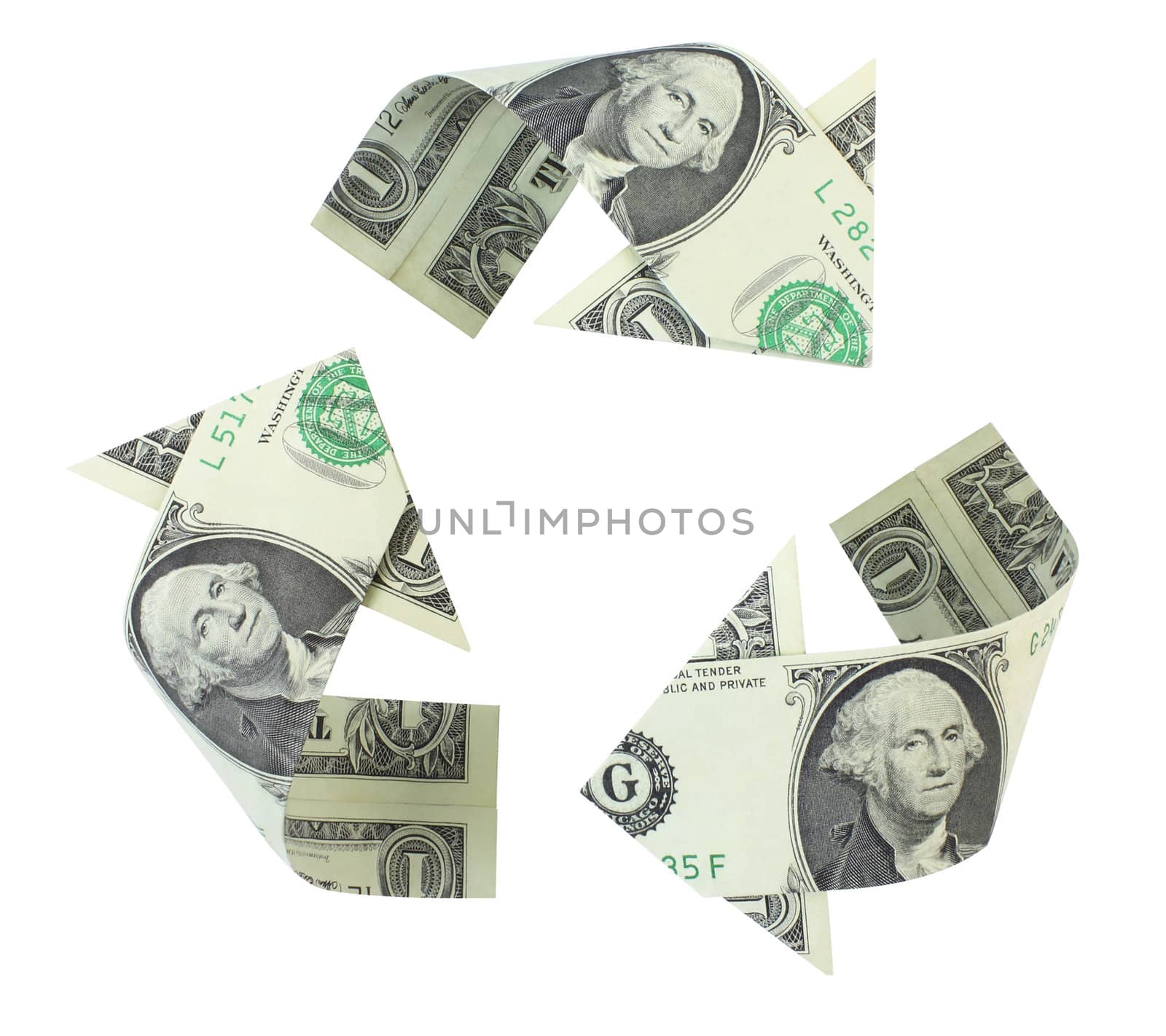 Recycling logo made of dollar bills, folded into curved arrows and  isolated on a white background.