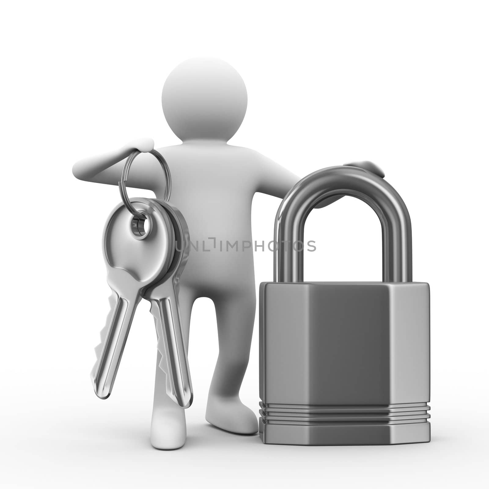 man with keys and lock on white background. 3D image