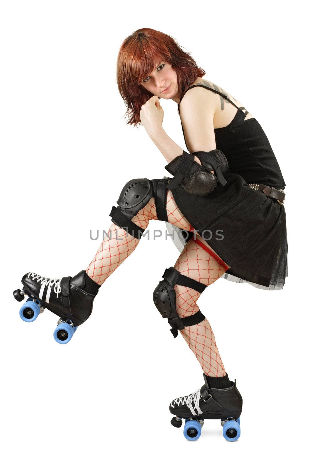Photograph of a roller derby girl posing with her equipment. Slight shadow under skate.