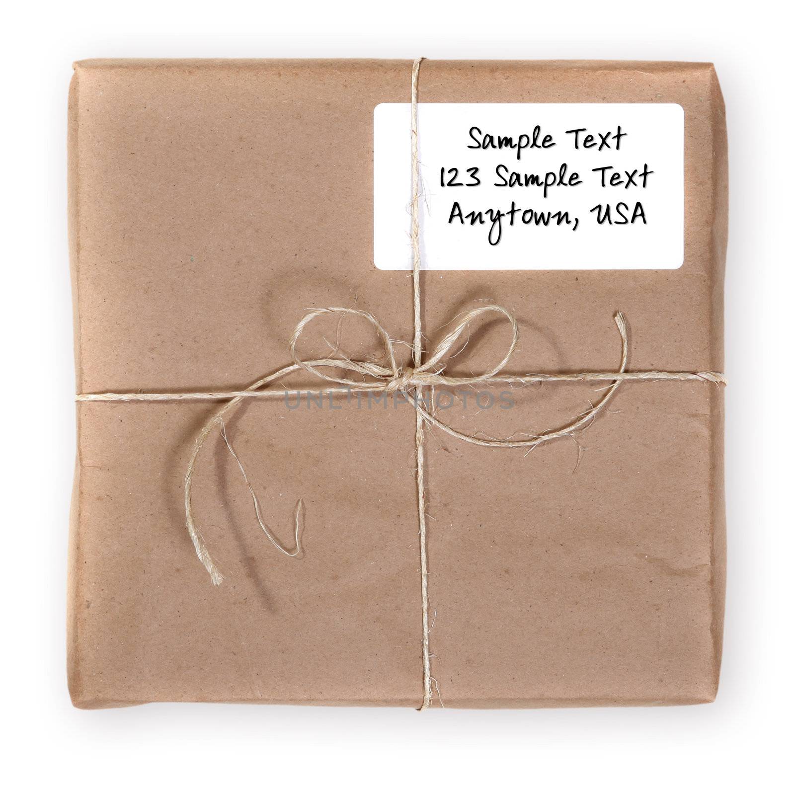 Typical Shipping Package Sent Through the Mail. Sample Text Easily Removed on White Background