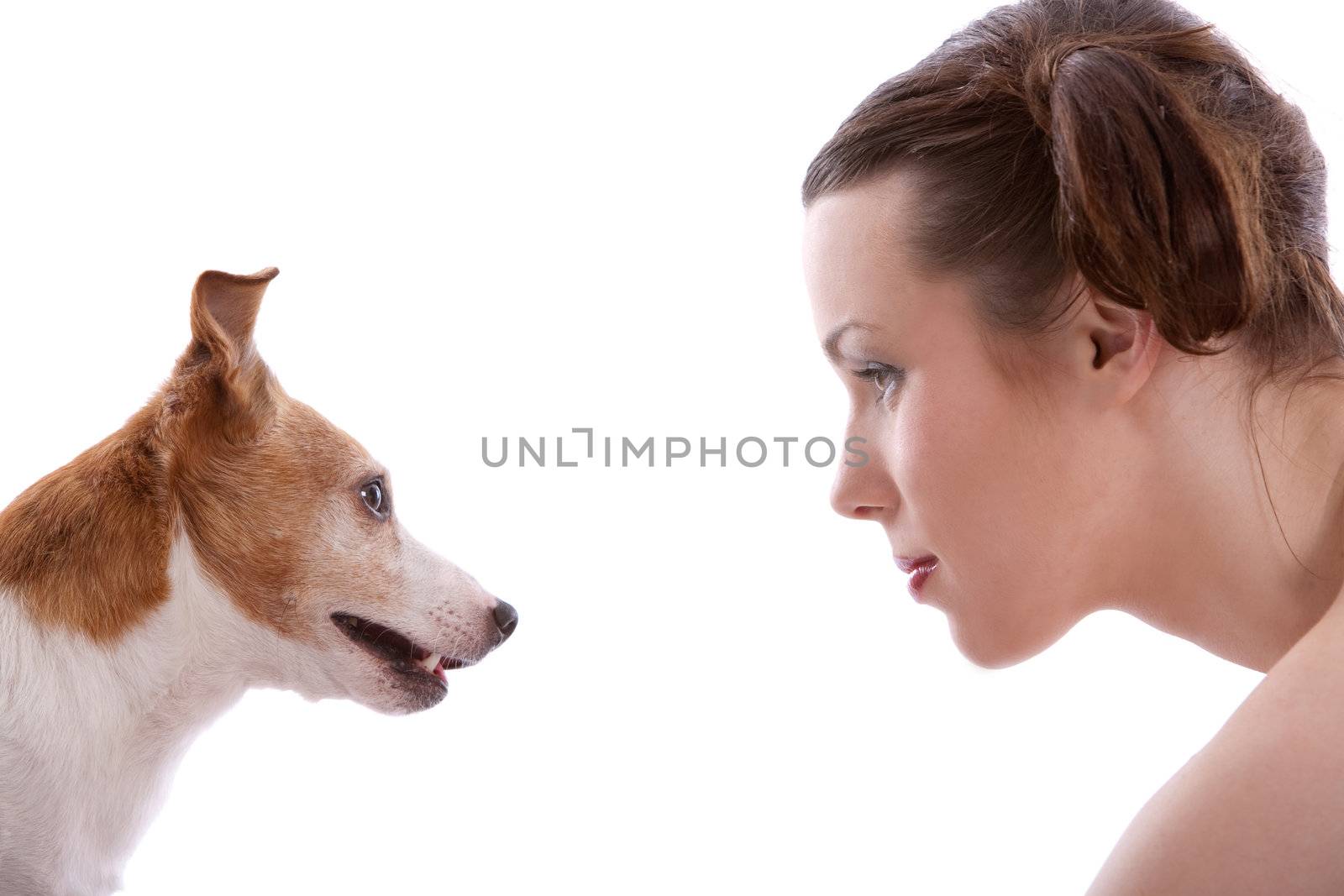 Woman and her jack russel terrier staring at eachother