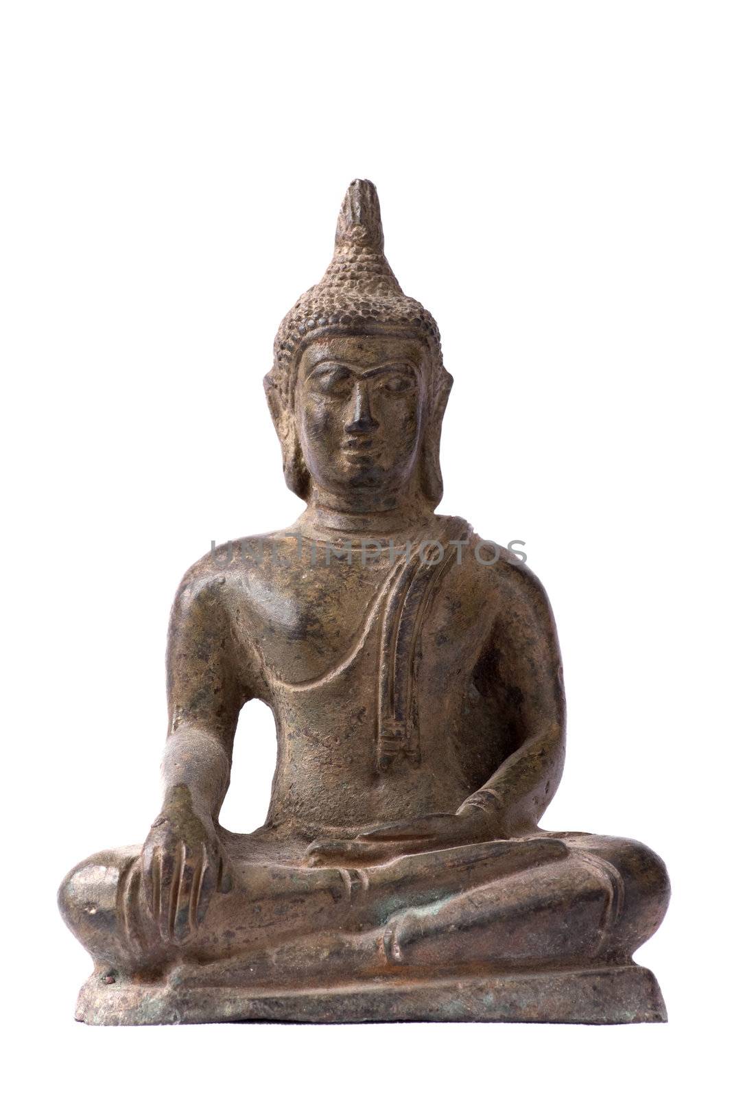 Traditional Thai bronze Buddha statuette isolated on white